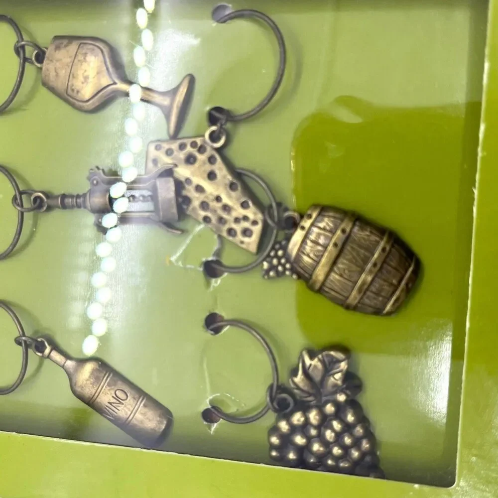 Wine Charms Dash of That 6pc Vintage Brass Color NWT Cheese Barrel Grapes Cork